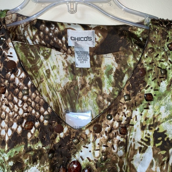 Chico’s | silky embellished neck drop waist top sz 1 (Medium) NWT - Picture 2 of 8